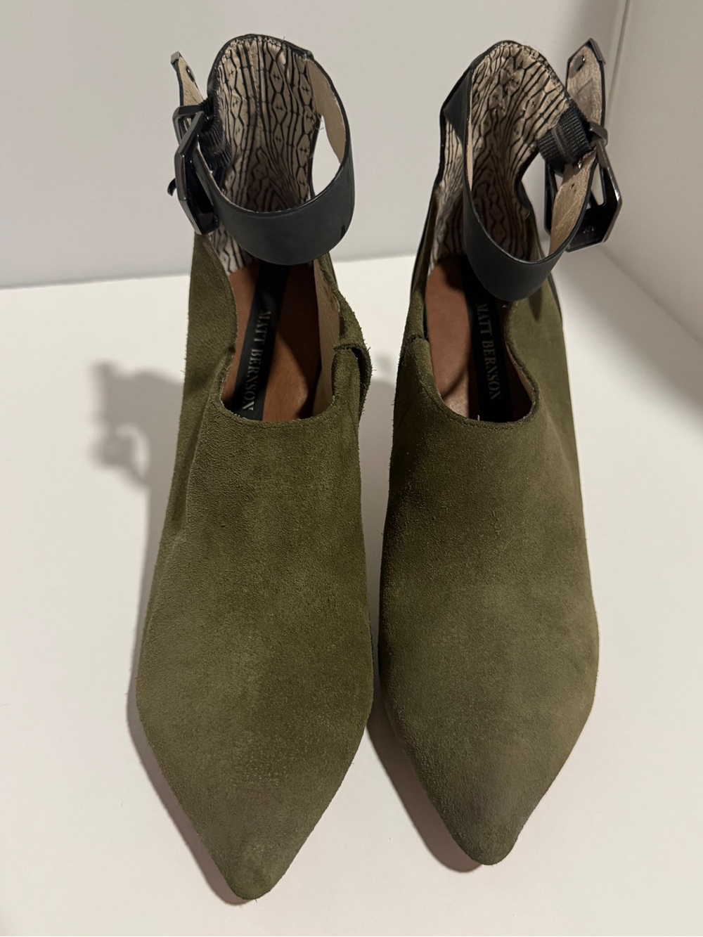 Matt Bernson "Moss" Olive Green Suede Ankle Boots Black Buckle Wood Heel Size 10
